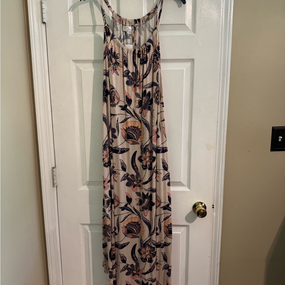 Sleeveless Floral Maxi Dress in Beige with Navy & Pink Accents
